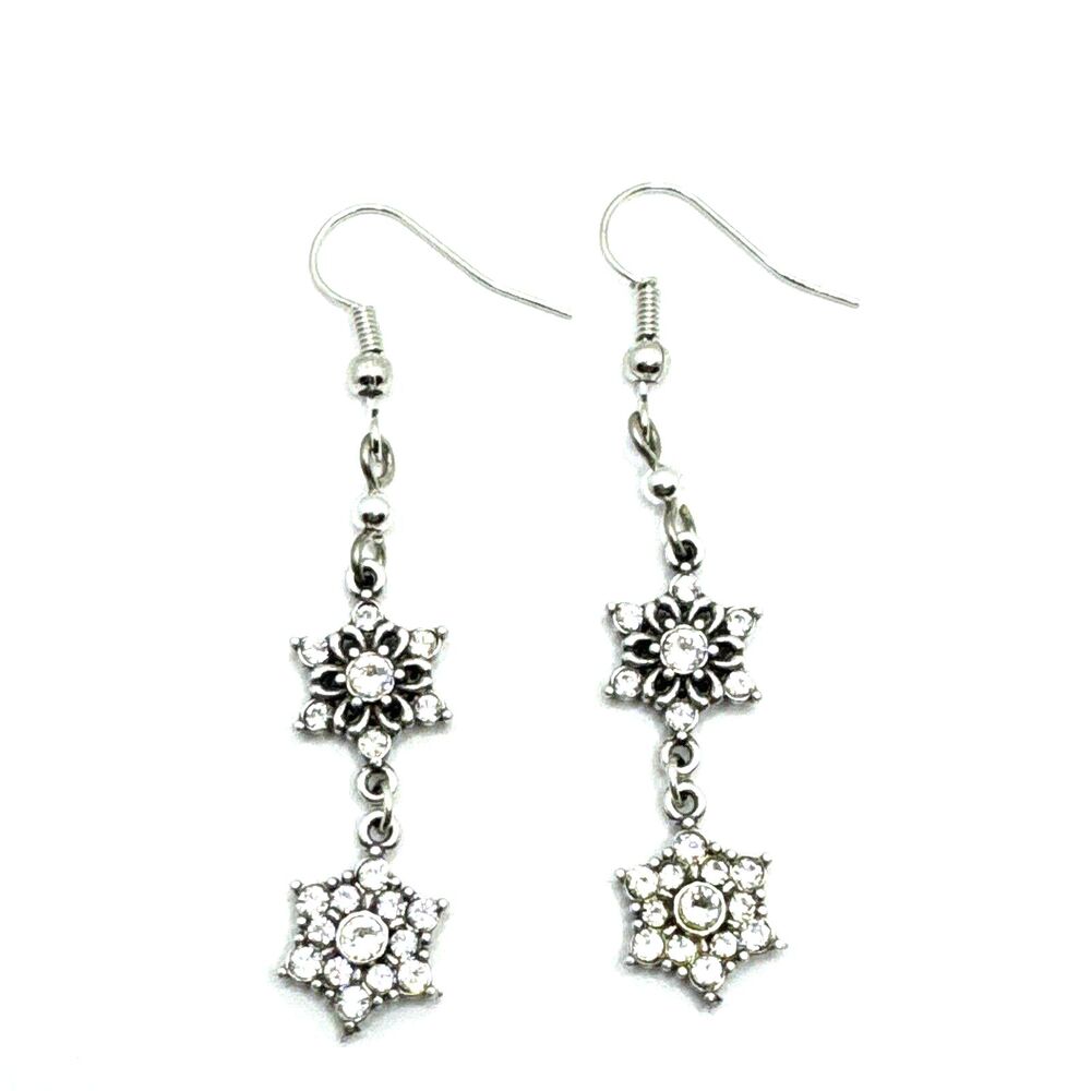 Brighton Arctica 2-Snowflakes Dangle Crystals Holiday Winter Silver Earrings